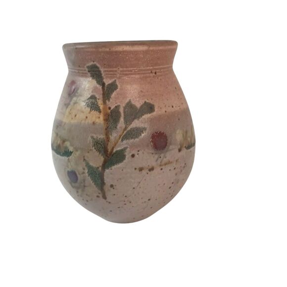 Bridget Hauser Signed Art Pottery Vase Pastels Pink Green Leaves Speckled 5"x 4" - Picture 3 of 13